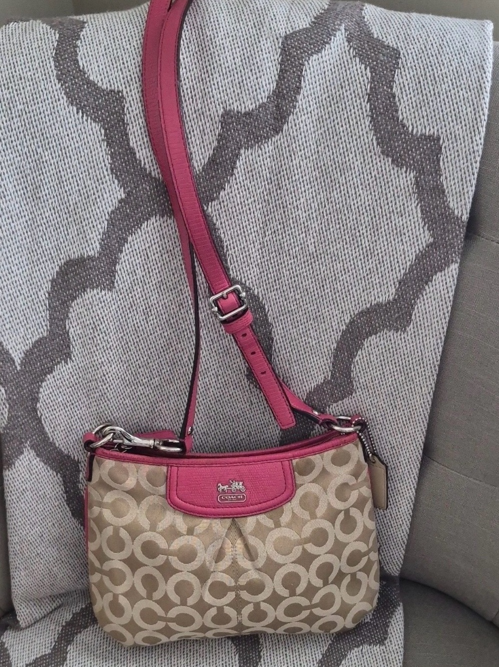 Coach Beige Signature Canvas Crossbody with Pink Trim